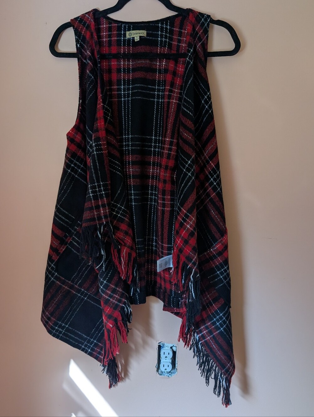 Democracy Red & Black Plaid Fringe Vest